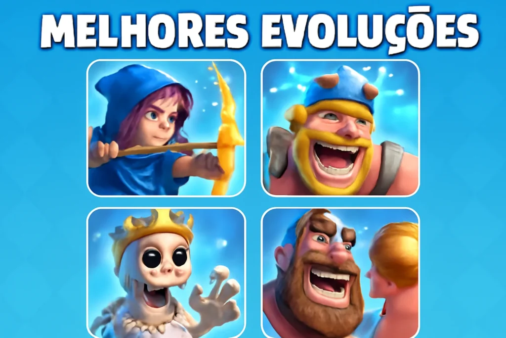 Capa com foco em melhores evoluções clash royale, mostrando cartas essenciais para subir de arena e ganhar mais troféus