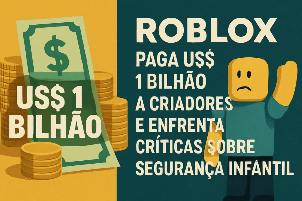 Imagem representando Roblox paga US$ 1 bilhão a criadores, com foco na segurança infantil e críticas ao supervisor digital